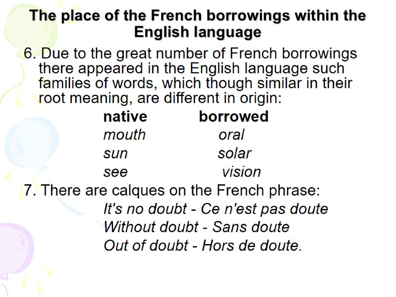 The place of the French borrowings within the English language 6. Due to the